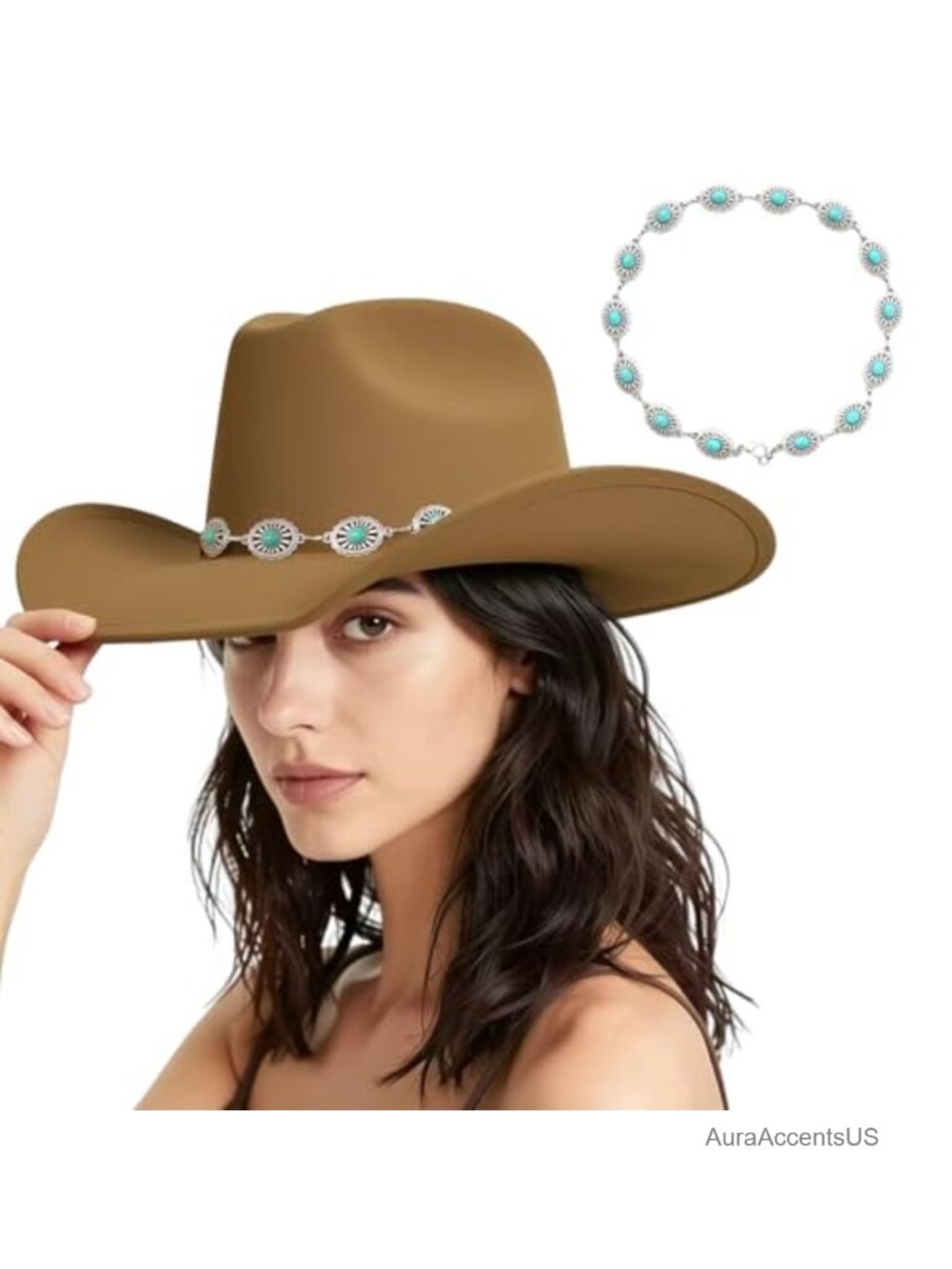 Felt Cowboy Hat Turquoise Chain Band Wide Brim Adult Western